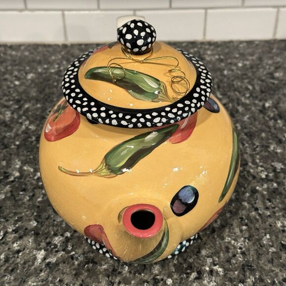 Vtg Droll Designs Ceramic Tea Pot Hand Painted Signed Veggie Tomato Pepper Olive - Picture 5 of 13